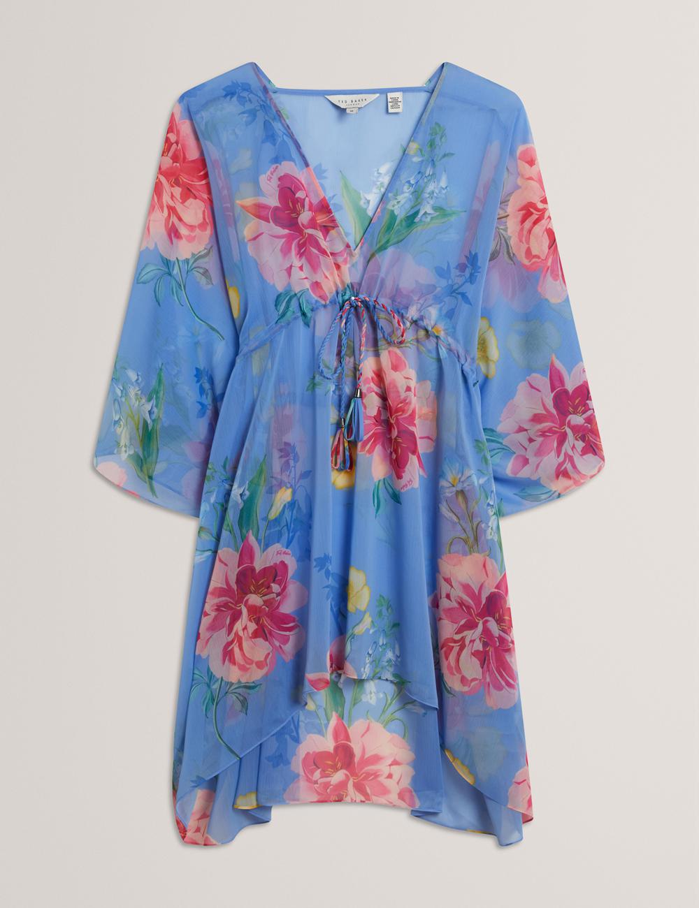 Blue Ted Baker LARJA - Floral Print Chiffon Mini Beach Kaftan Women Cover Ups | Canada  PEB-791860
