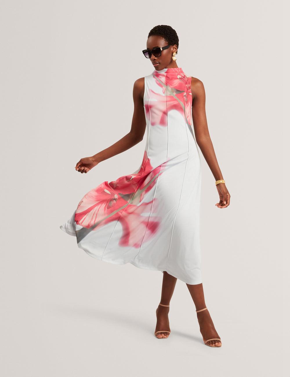 Blue Ted Baker REBEHKA - High Neck Printed Jersey Women Midi Dresses | Canada  PZY-401832