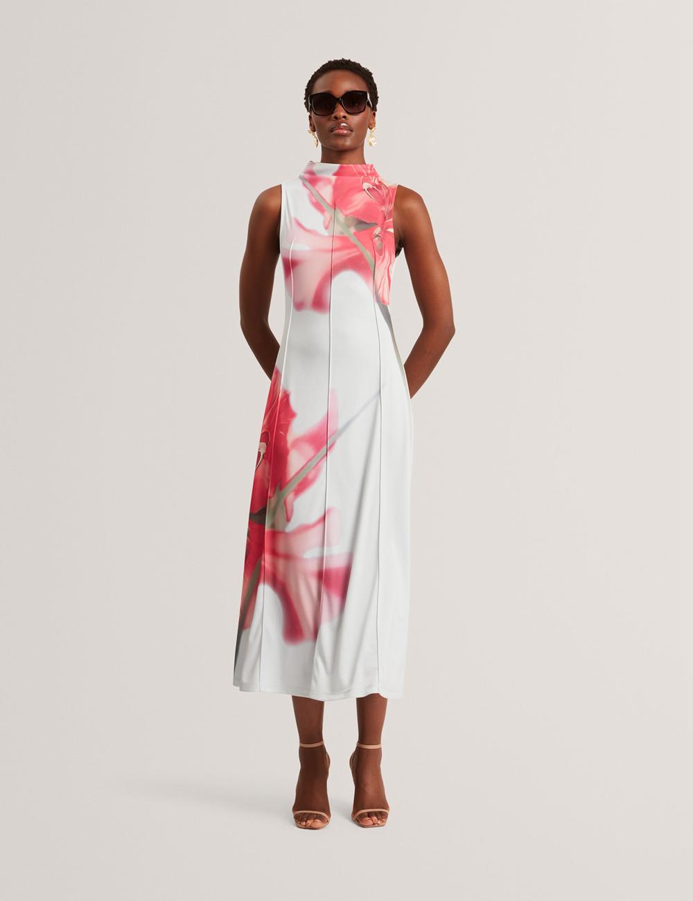 Blue Ted Baker REBEHKA - High Neck Printed Jersey Women Midi Dresses | Canada  PZY-401832