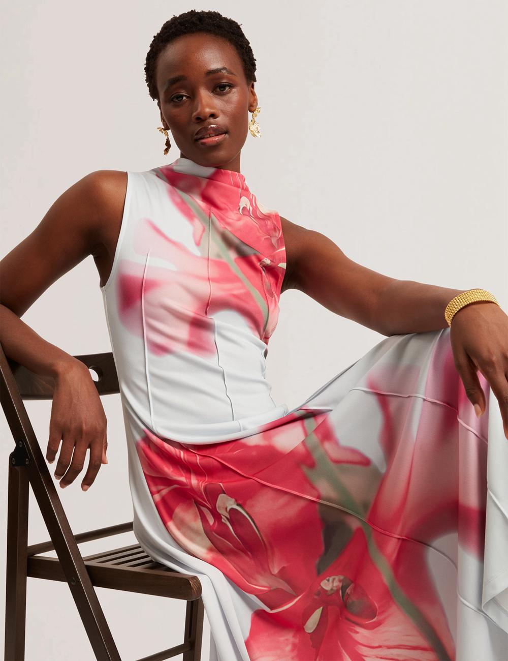 Blue Ted Baker REBEHKA - High Neck Printed Jersey Women Midi Dresses | Canada  PZY-401832