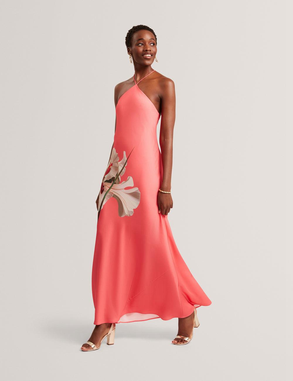 Coral Ted Baker AJIMA - Floral Graphic Halter Neck Satin Women Maxi Dresses | Canada  VYF-926478