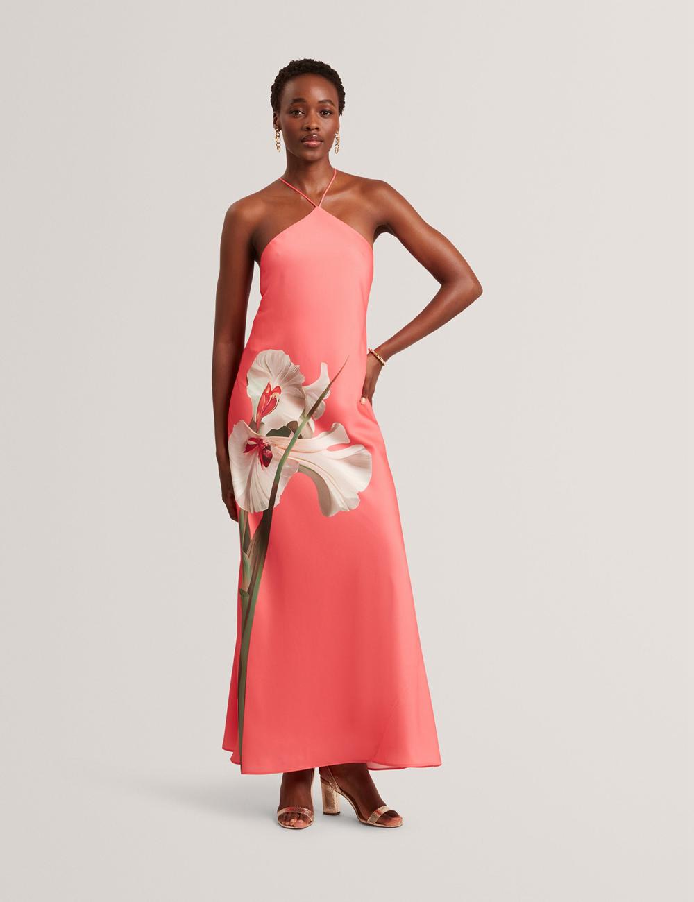 Coral Ted Baker AJIMA - Floral Graphic Halter Neck Satin Women Maxi Dresses | Canada  VYF-926478