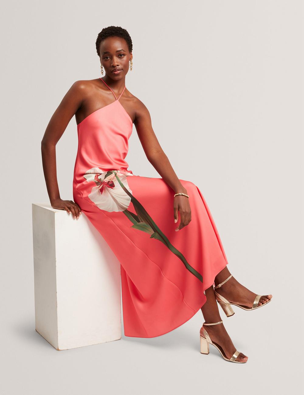 Coral Ted Baker AJIMA - Floral Graphic Halter Neck Satin Women Maxi Dresses | Canada  VYF-926478