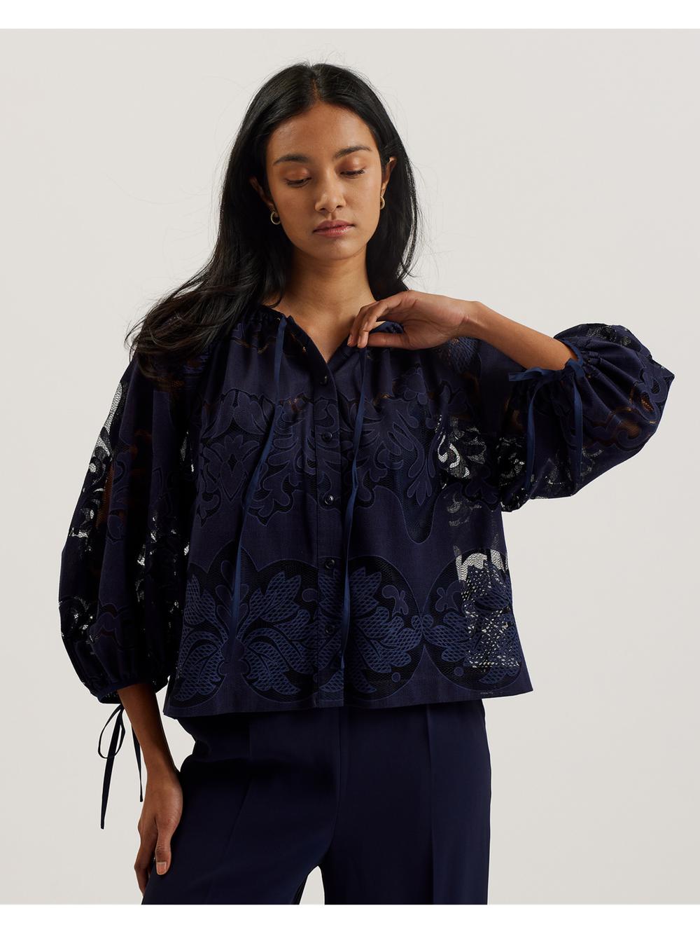 Dk-Blue Ted Baker BACINA - Lace 3/4 Balloon Sleeve Women Blouses | Canada  VSY-814973
