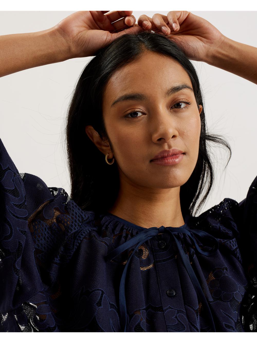 Dk-Blue Ted Baker BACINA - Lace 3/4 Balloon Sleeve Women Blouses | Canada  VSY-814973