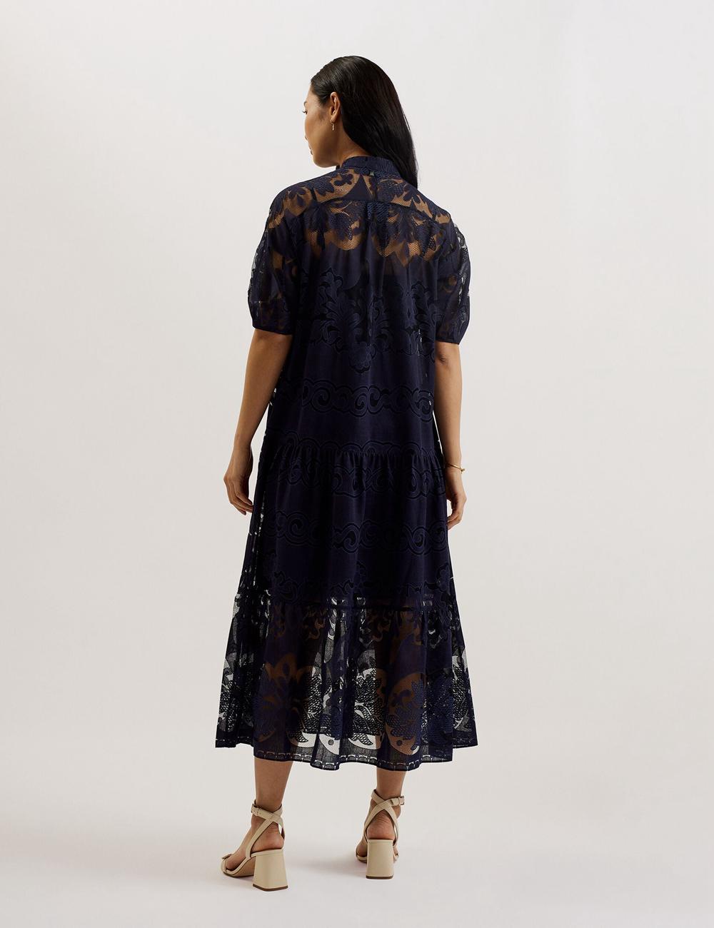 Dk-Blue Ted Baker XATIVA - Lace Puff Sleeve Midi Shift Women Midi Dresses | Canada  CWA-041592