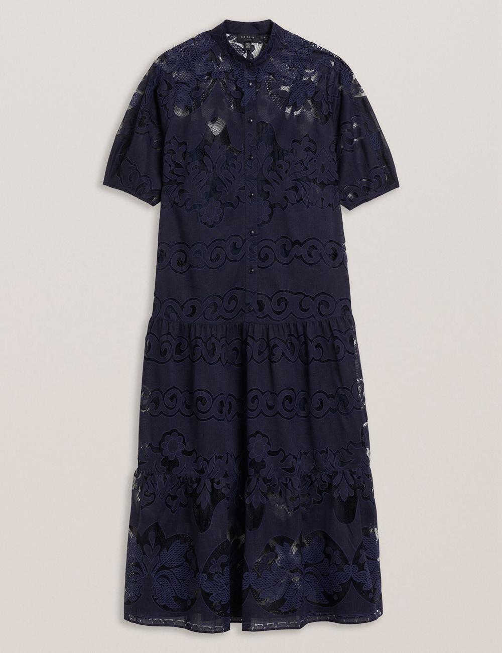 Dk-Blue Ted Baker XATIVA - Lace Puff Sleeve Midi Shift Women Midi Dresses | Canada  CWA-041592