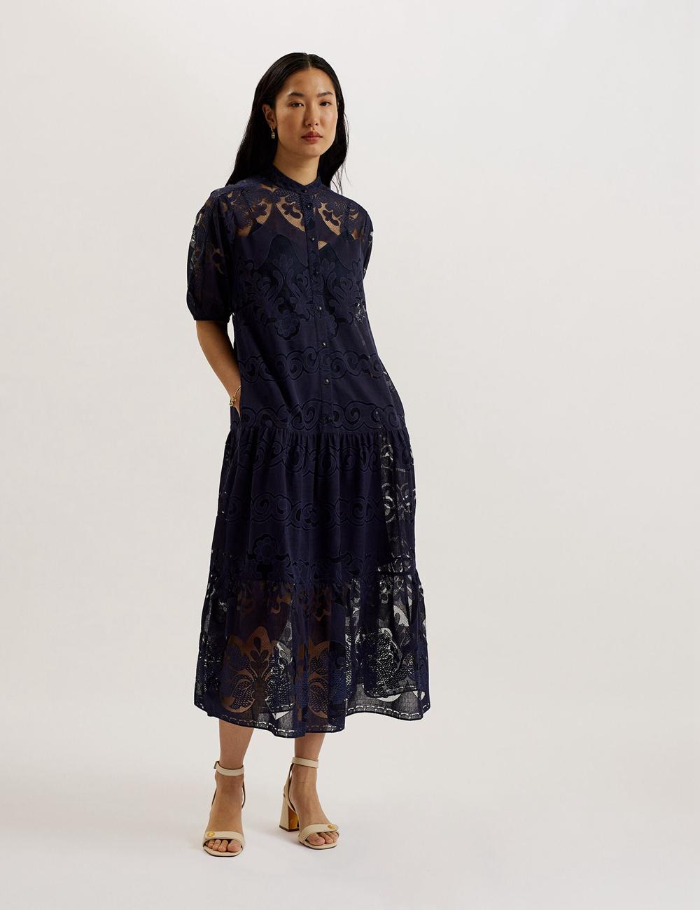 Dk-Blue Ted Baker XATIVA - Lace Puff Sleeve Midi Shift Women Midi Dresses | Canada  CWA-041592
