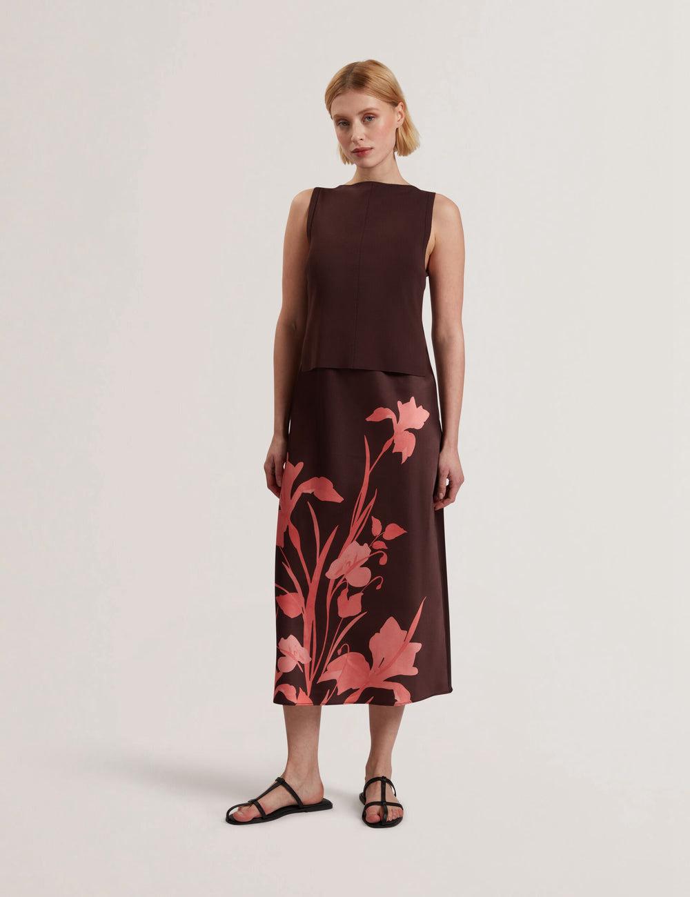 Dk-Brown Ted Baker LATTENA - Printed Satin With Removable Tank Women Midi Dresses | Canada  HYZ-463872