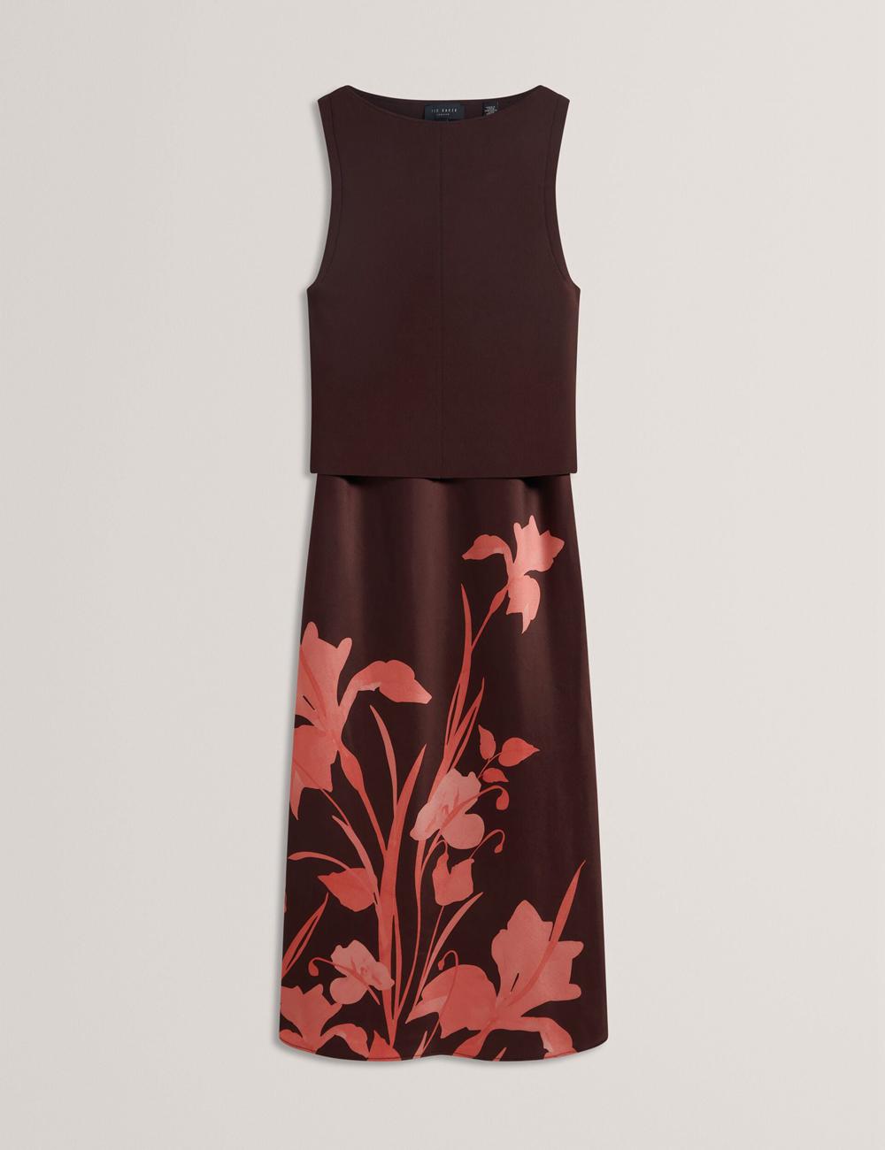 Dk-Brown Ted Baker LATTENA - Printed Satin With Removable Tank Women Midi Dresses | Canada  HYZ-463872