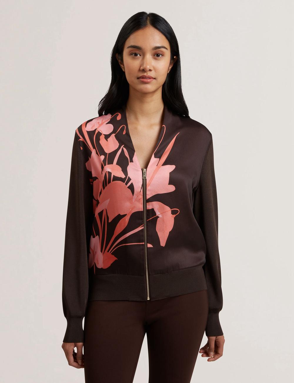Dk-Brown Ted Baker MATIINA - Printed Front Zip-Up Bomber Women Cardigans | Canada  TRK-263048