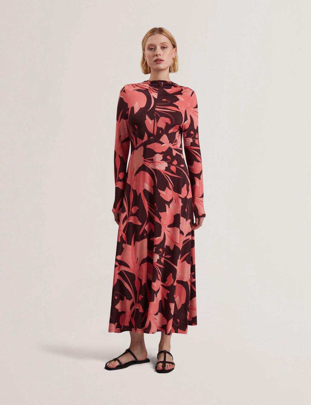 Dk-Brown Ted Baker STARLAH - Slinky Printed Jersey Long Sleeve Women Midi Dresses | Canada  YUO-762384