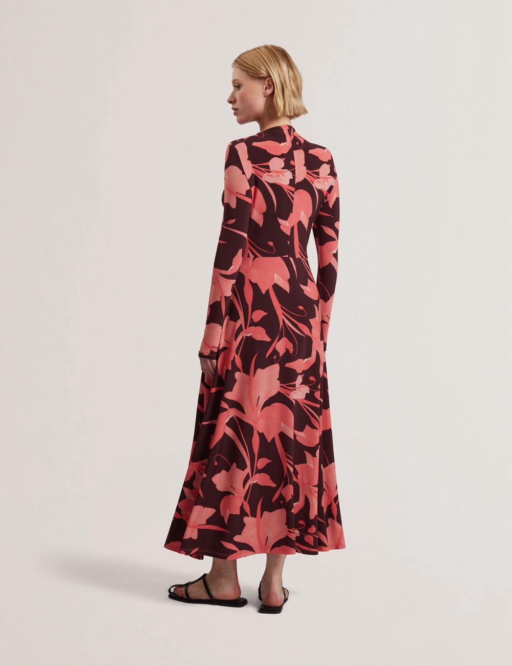 Dk-Brown Ted Baker STARLAH - Slinky Printed Jersey Long Sleeve Women Midi Dresses | Canada  YUO-762384