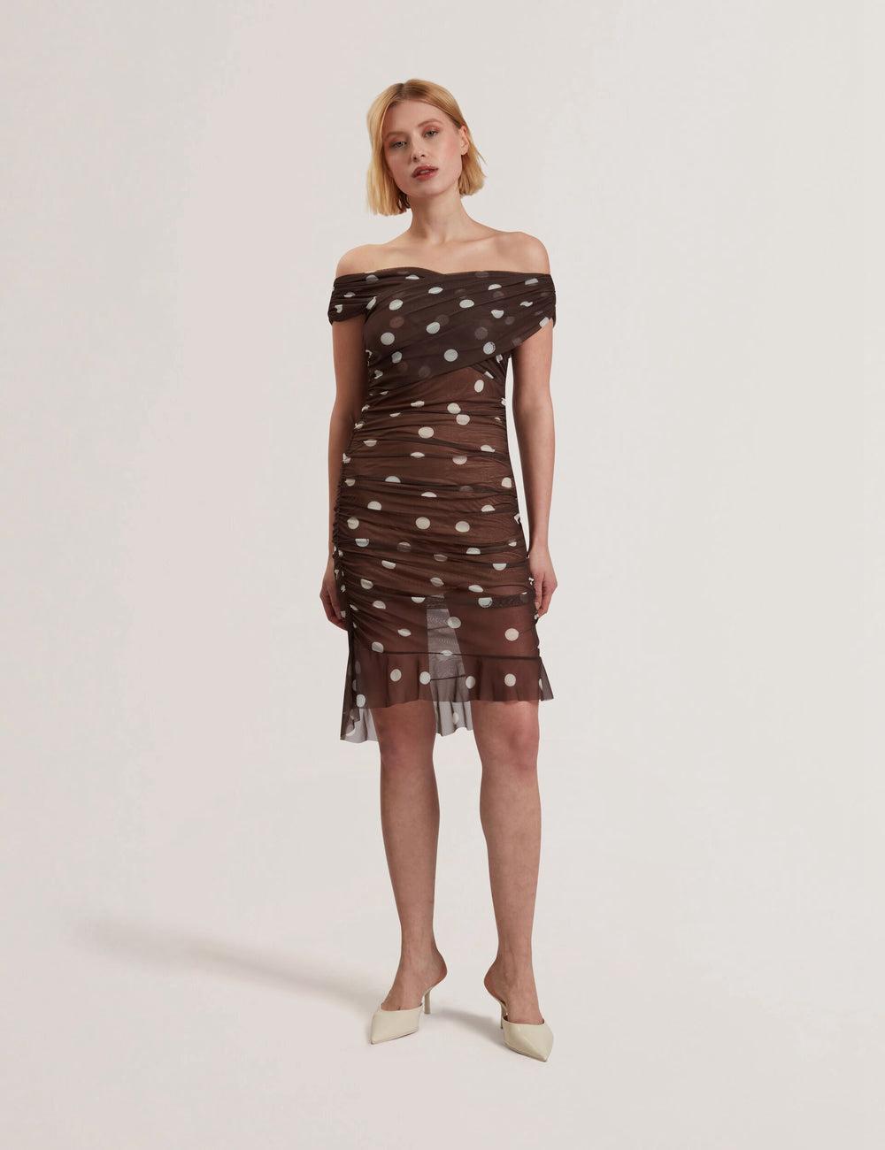 Dk-Brown Ted Baker TILDAHH - Off-Shoulder Polka Dot Mesh Women Mini Dresses | Canada  BFA-812907
