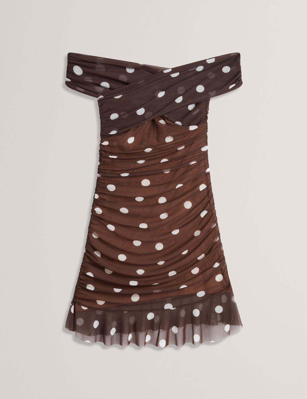 Dk-Brown Ted Baker TILDAHH - Off-Shoulder Polka Dot Mesh Women Mini Dresses | Canada  BFA-812907