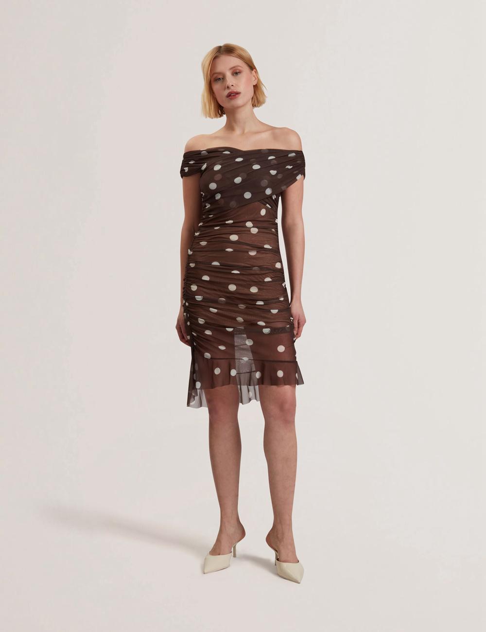 Dk-Brown Ted Baker TILDAHH - Off-Shoulder Polka Dot Mesh Women Mini Dresses | Canada  BFA-812907