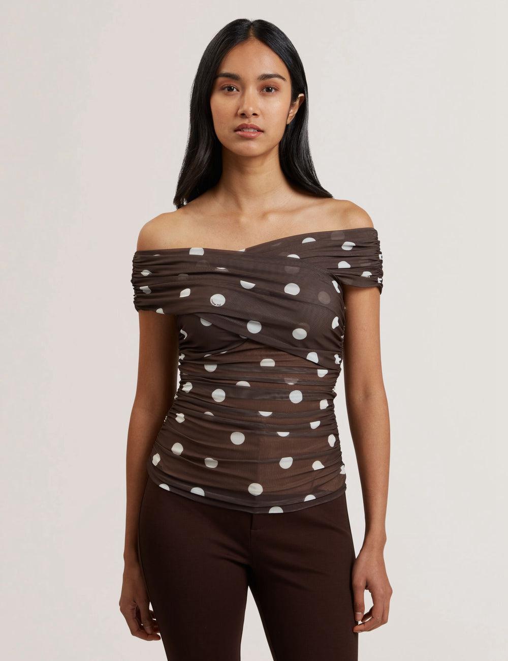 Dk-Brown Ted Baker ZAAMO - Off-the-Shoulder Polka Dot Mesh Women Tops | Canada  BYM-346507