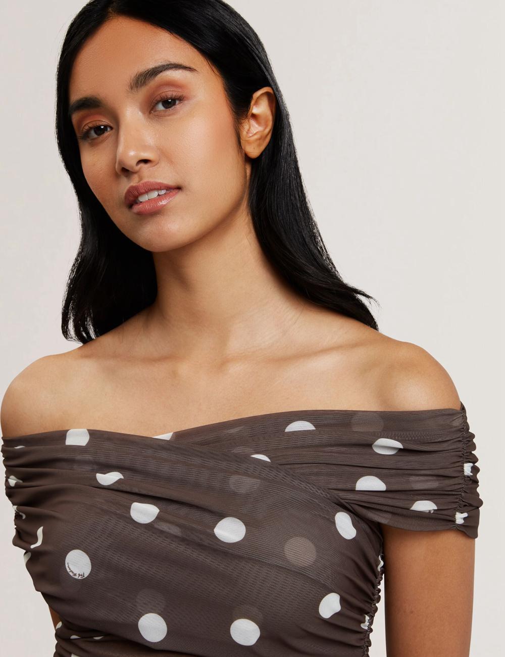 Dk-Brown Ted Baker ZAAMO - Off-the-Shoulder Polka Dot Mesh Women Tops | Canada  BYM-346507