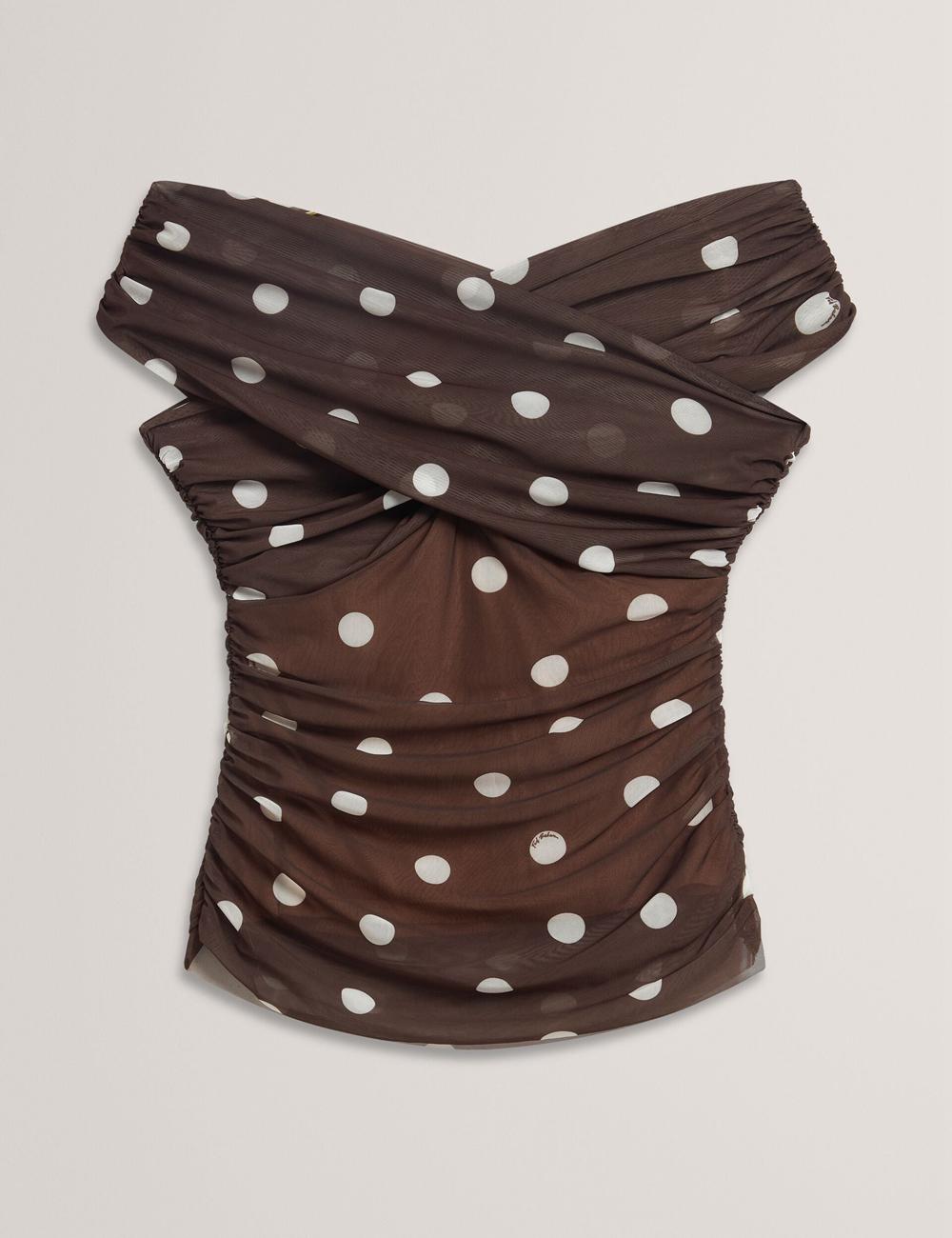 Dk-Brown Ted Baker ZAAMO - Off-the-Shoulder Polka Dot Mesh Women Tops | Canada  BYM-346507