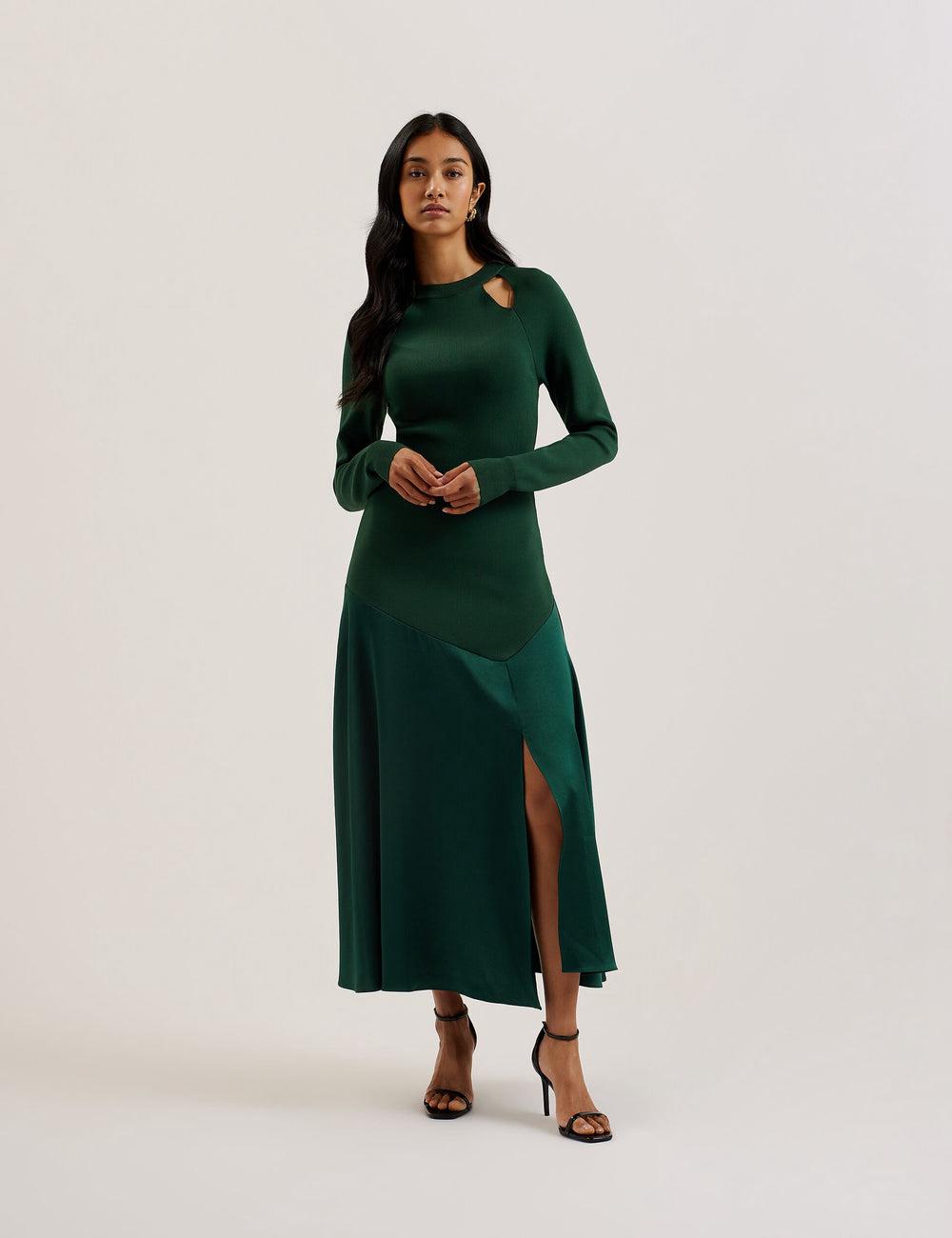 Dk-Green Ted Baker ALFEIOS - Long Sleeve Satin Skirt Women Midi Dresses | Canada  PMF-485297