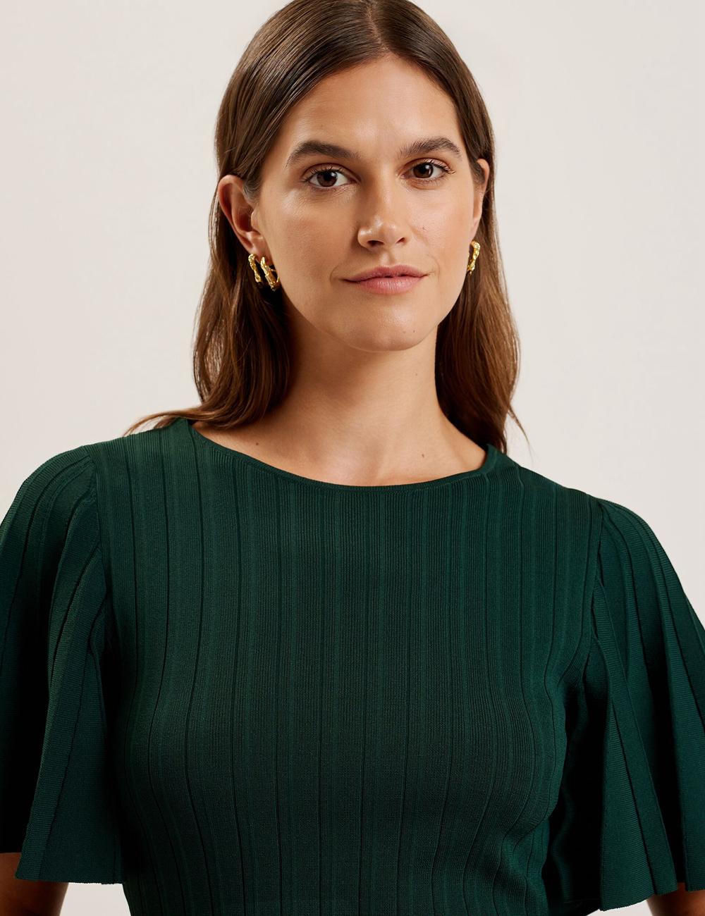 Dk-Green Ted Baker IIVANNA - Ribbed Knit Top With Fluted Short Sleeves Women Jumpers | Canada  SFV-986742