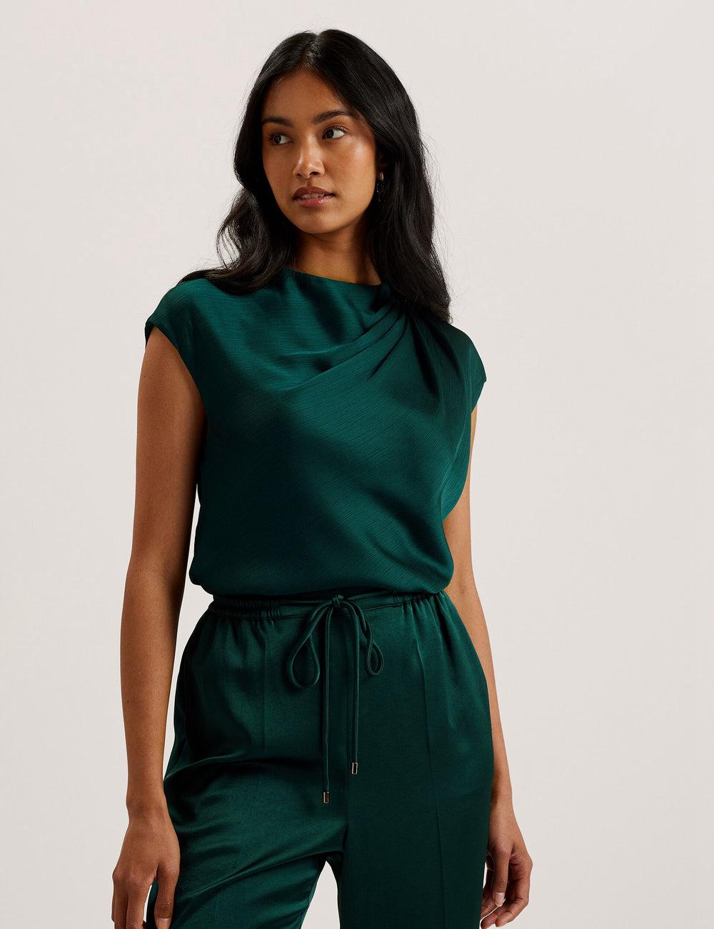 Dk-Green Ted Baker MISRINA - Drape Neck Detail Satin Top Women Jumpers | Canada  ORS-607418