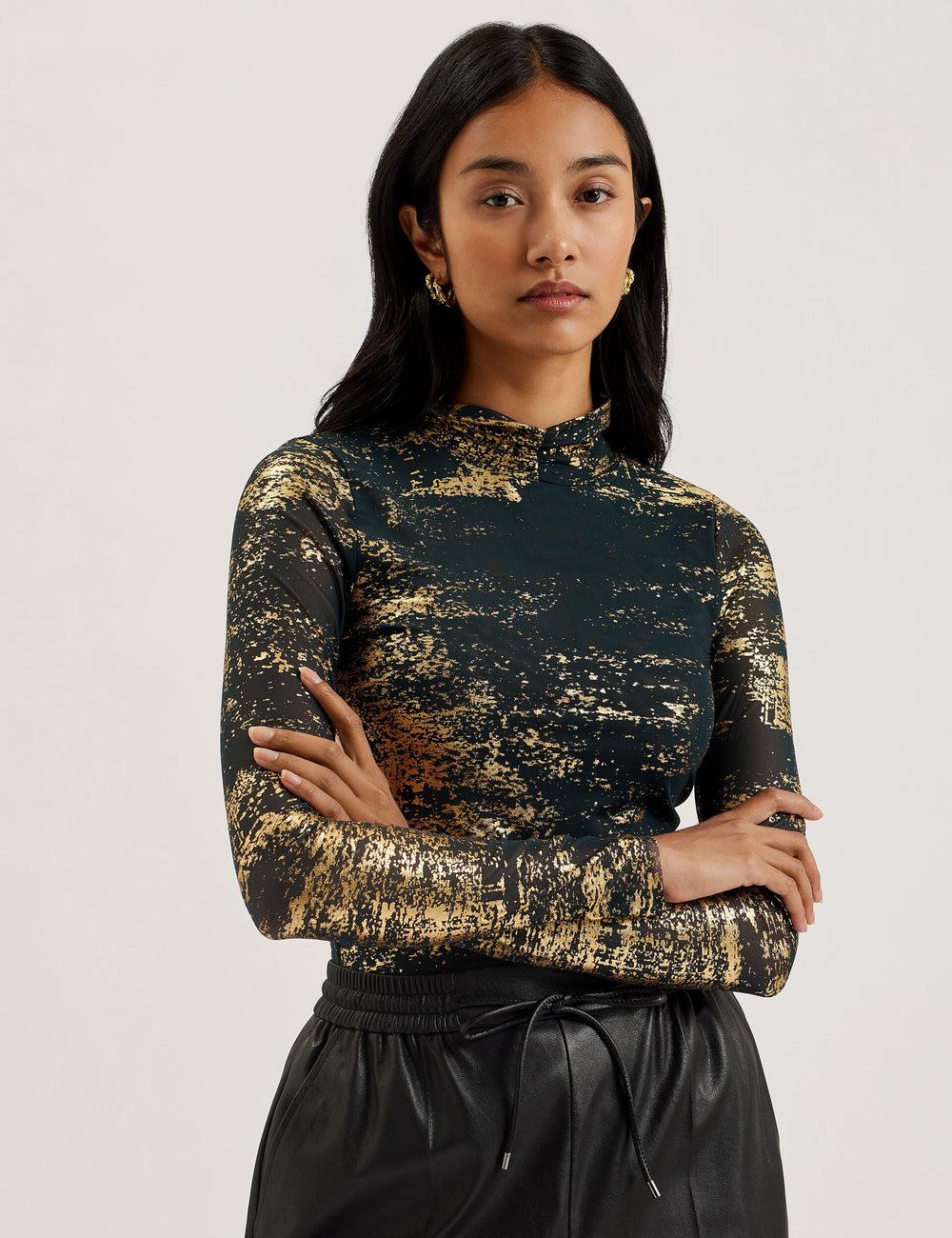 Dk-Green Ted Baker SOFIY - Foil Print High Neck Mesh Top Women Jumpers | Canada  YKZ-516924