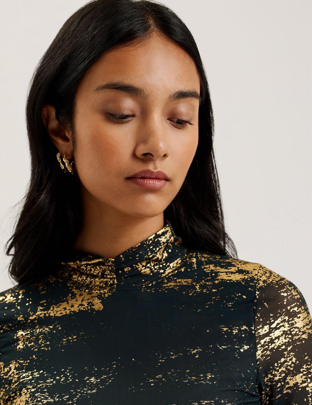 Dk-Green Ted Baker SOFIY - Foil Print High Neck Mesh Top Women Jumpers | Canada  YKZ-516924