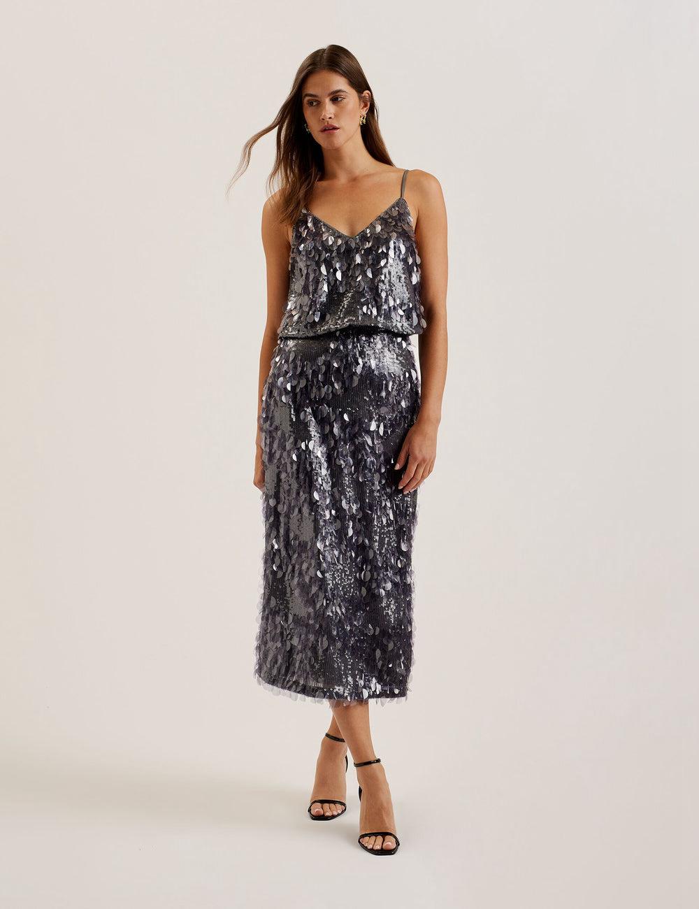 Dk-Grey Ted Baker DORIDA - Mixed Sequin With Slit Women Midi Skirts | Canada  POL-807216