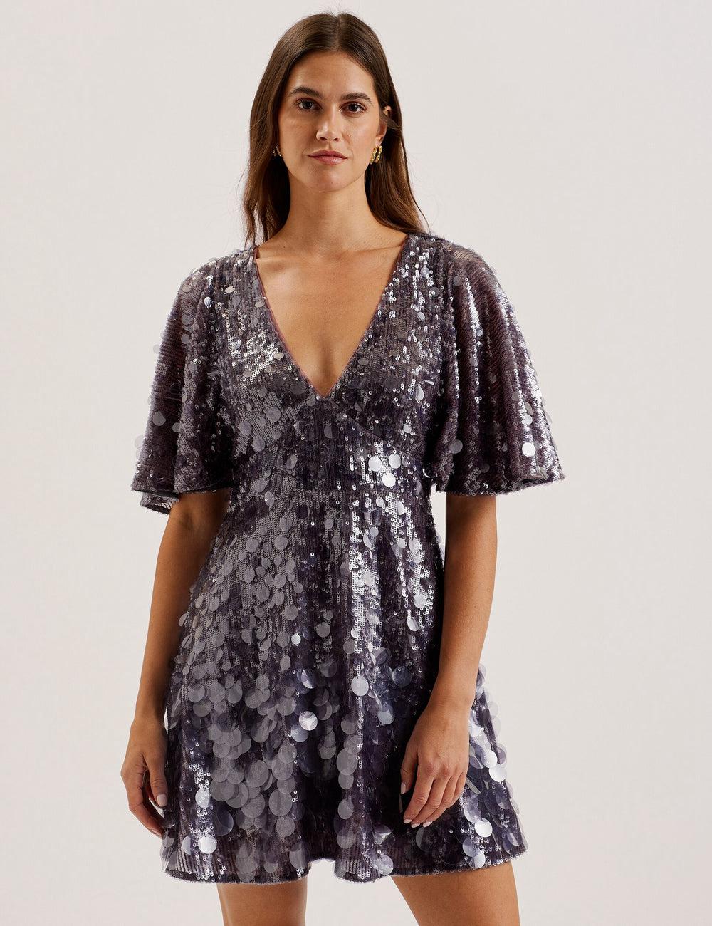 Dk-Grey Ted Baker ELISONA - Sequin V-Neck Cape Sleeve Women Mini Dresses | Canada  YPC-875910