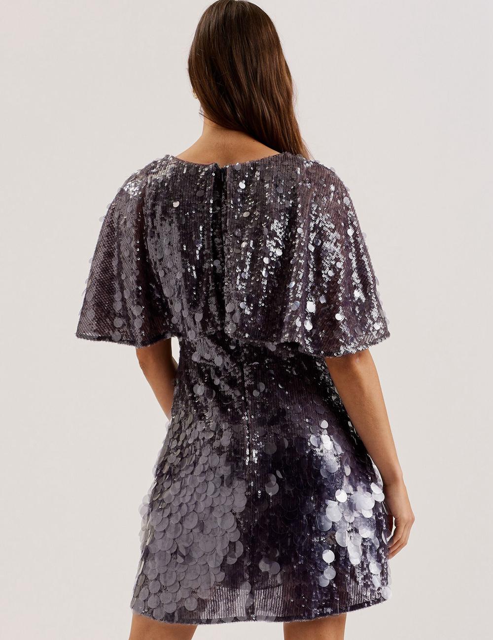 Dk-Grey Ted Baker ELISONA - Sequin V-Neck Cape Sleeve Women Mini Dresses | Canada  YPC-875910