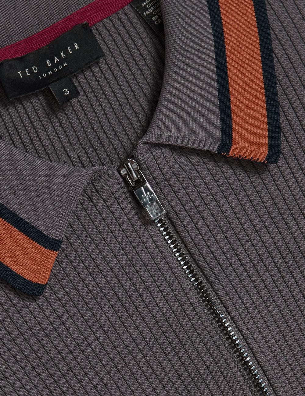 Dk-Grey Ted Baker RAFAELO - Striped Trim Zip Neck Ribbed Men Polos Shirts | Canada  NYD-301475