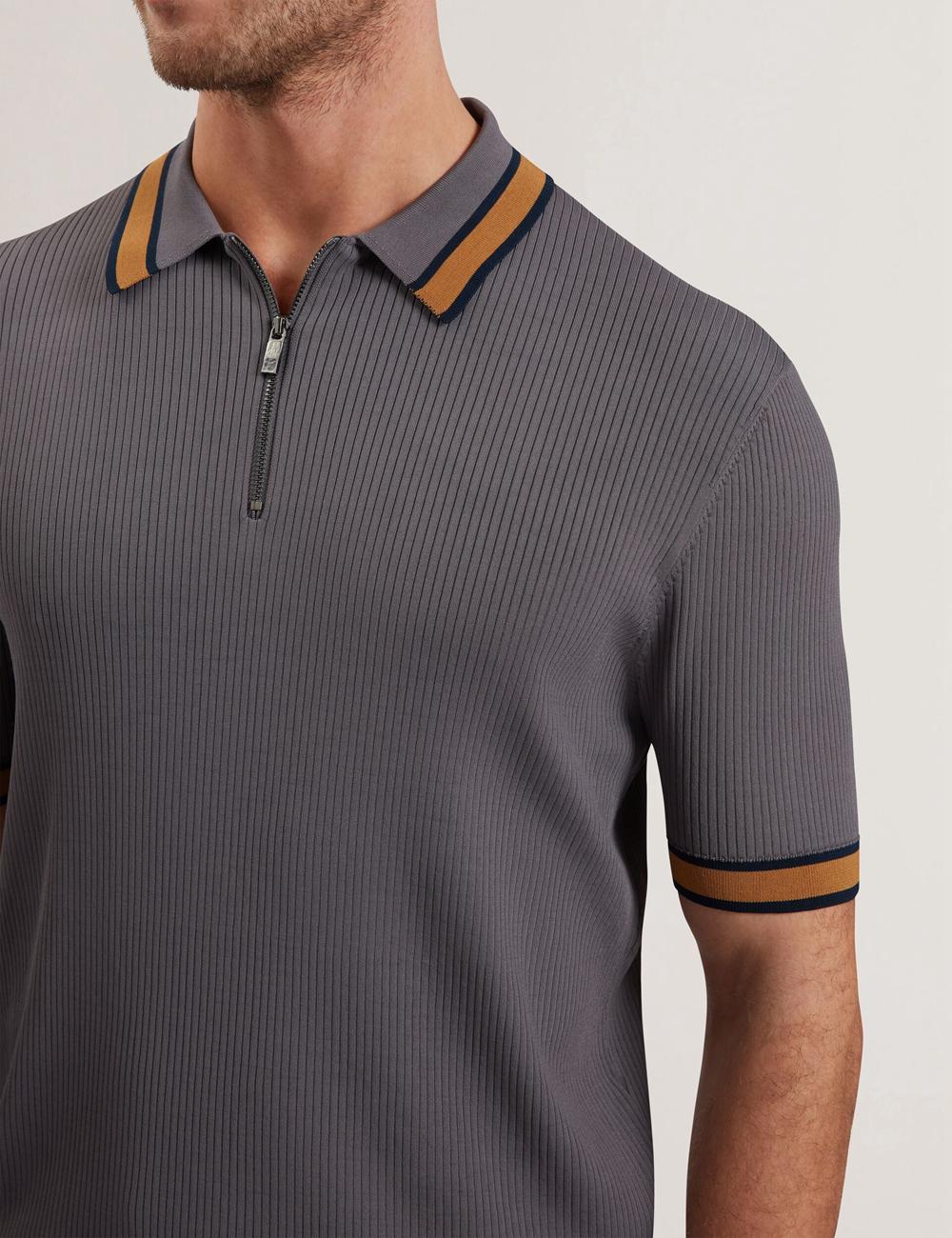 Dk-Grey Ted Baker RAFAELO - Striped Trim Zip Neck Ribbed Men Polos Shirts | Canada  NYD-301475