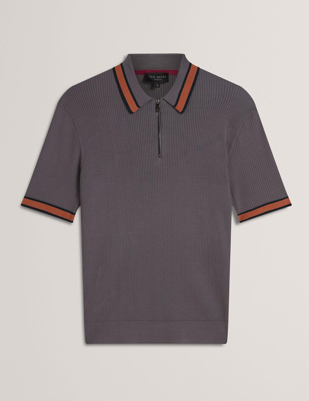 Dk-Grey Ted Baker RAFAELO - Striped Trim Zip Neck Ribbed Men Polos Shirts | Canada  NYD-301475
