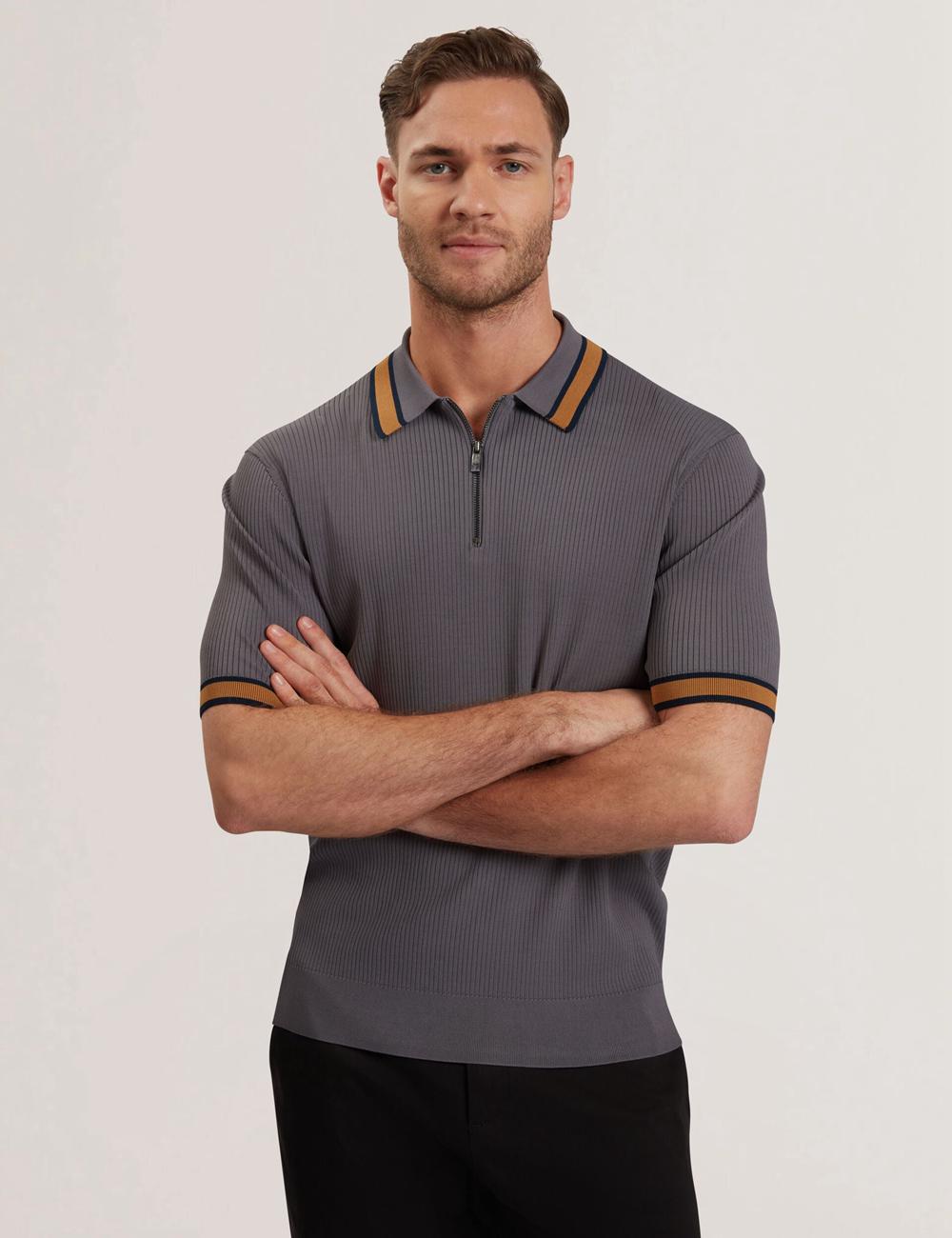 Dk-Grey Ted Baker RAFAELO - Striped Trim Zip Neck Ribbed Men Polos Shirts | Canada  NYD-301475