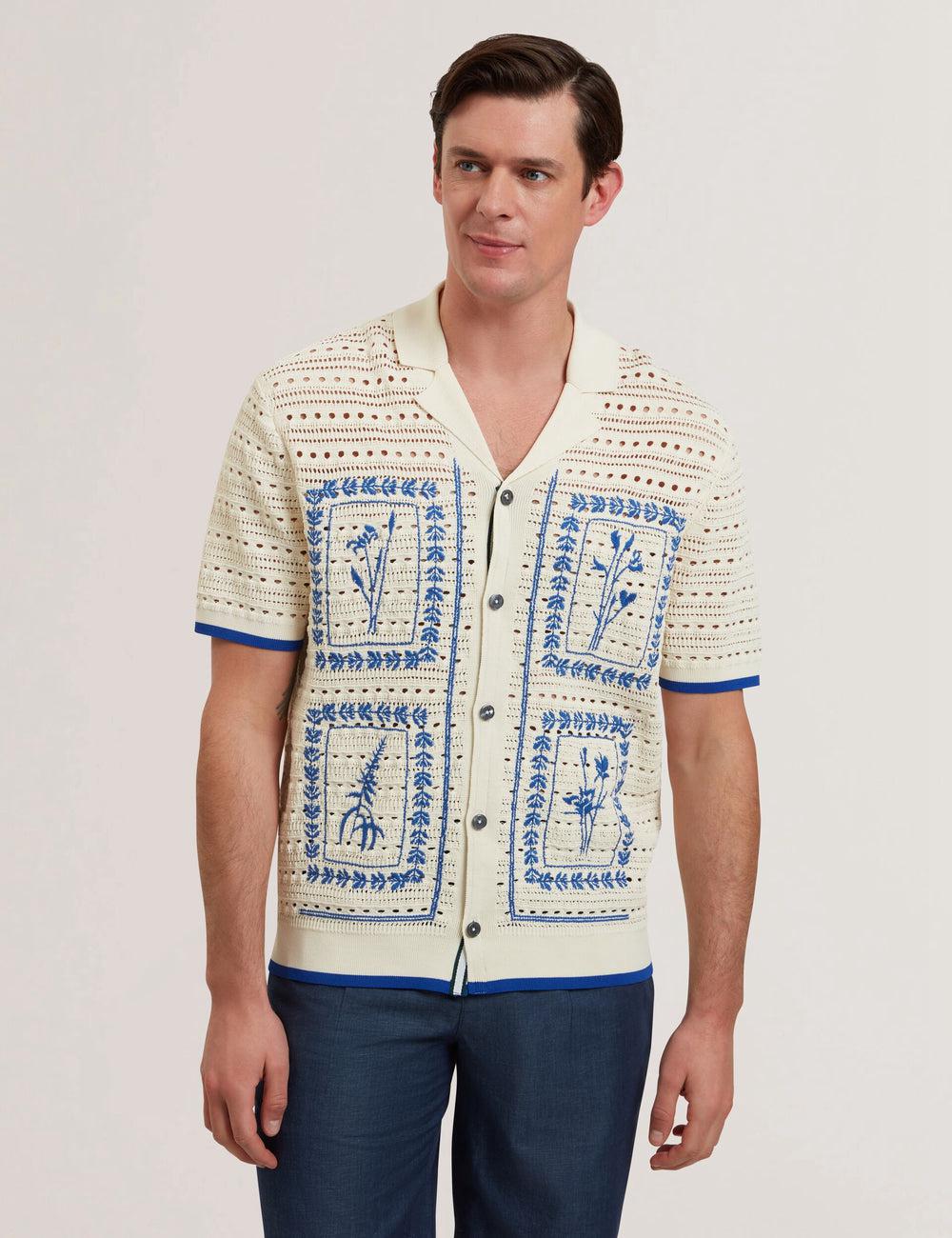 Ecru Ted Baker BARRI - Short Sleeve Crochet Embroidered Men Casual Shirts | Canada  IHK-789253
