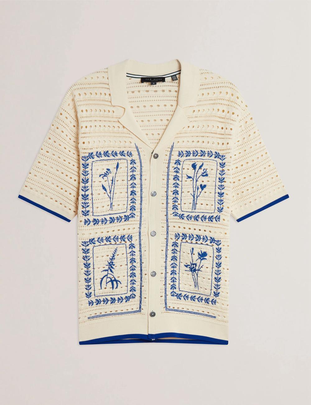Ecru Ted Baker BARRI - Short Sleeve Crochet Embroidered Men Casual Shirts | Canada  IHK-789253