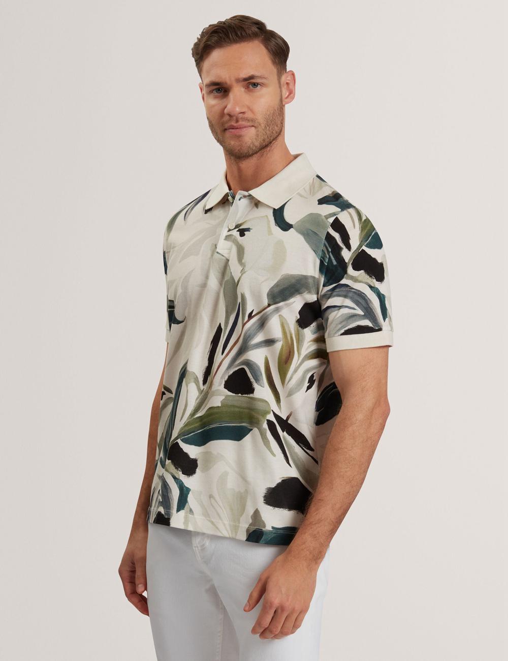 Ecru Ted Baker KIVEM - Short Sleeve Cotton Floral Print Men Polos Shirts | Canada  GUA-673259