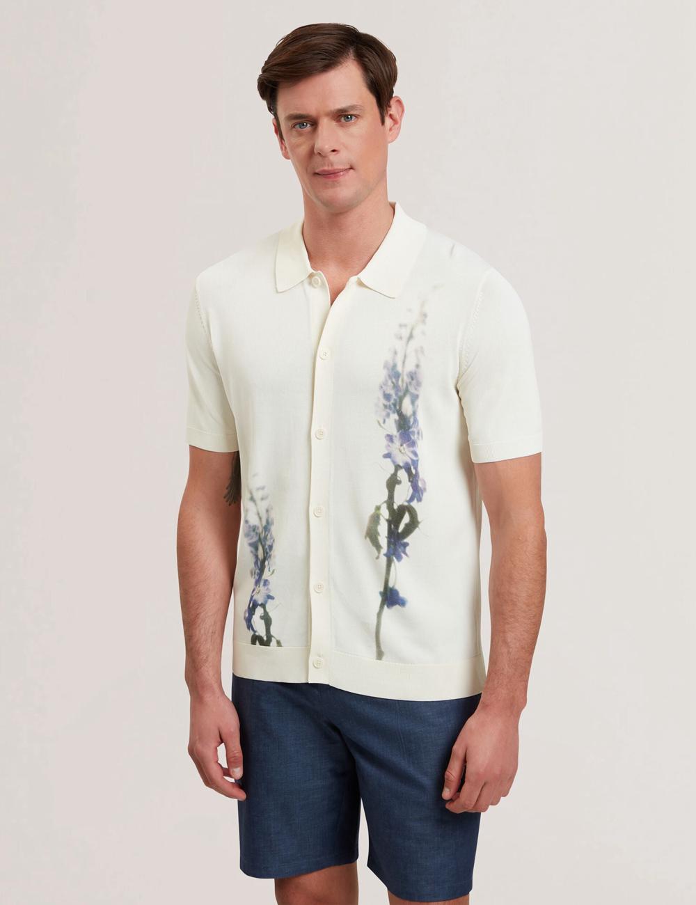 Ecru Ted Baker RUITS - Short Sleeve Floral Placement Men Polos Shirts | Canada  RQJ-791840