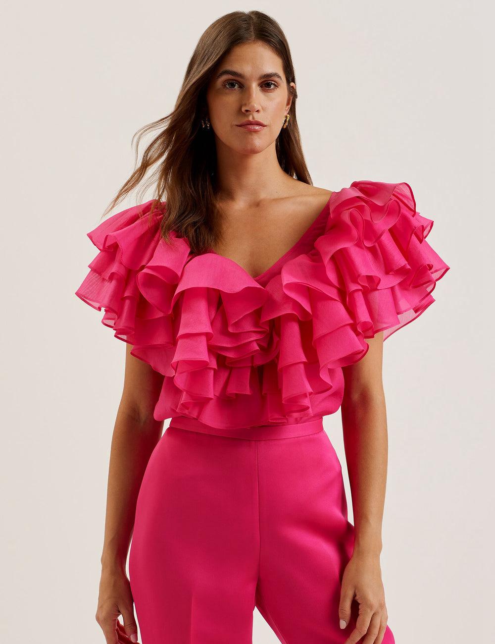 Fuchsia Ted Baker CALONDA - Oversized Frill Trim V-Neck Top Women Blouses | Canada  CXW-720893