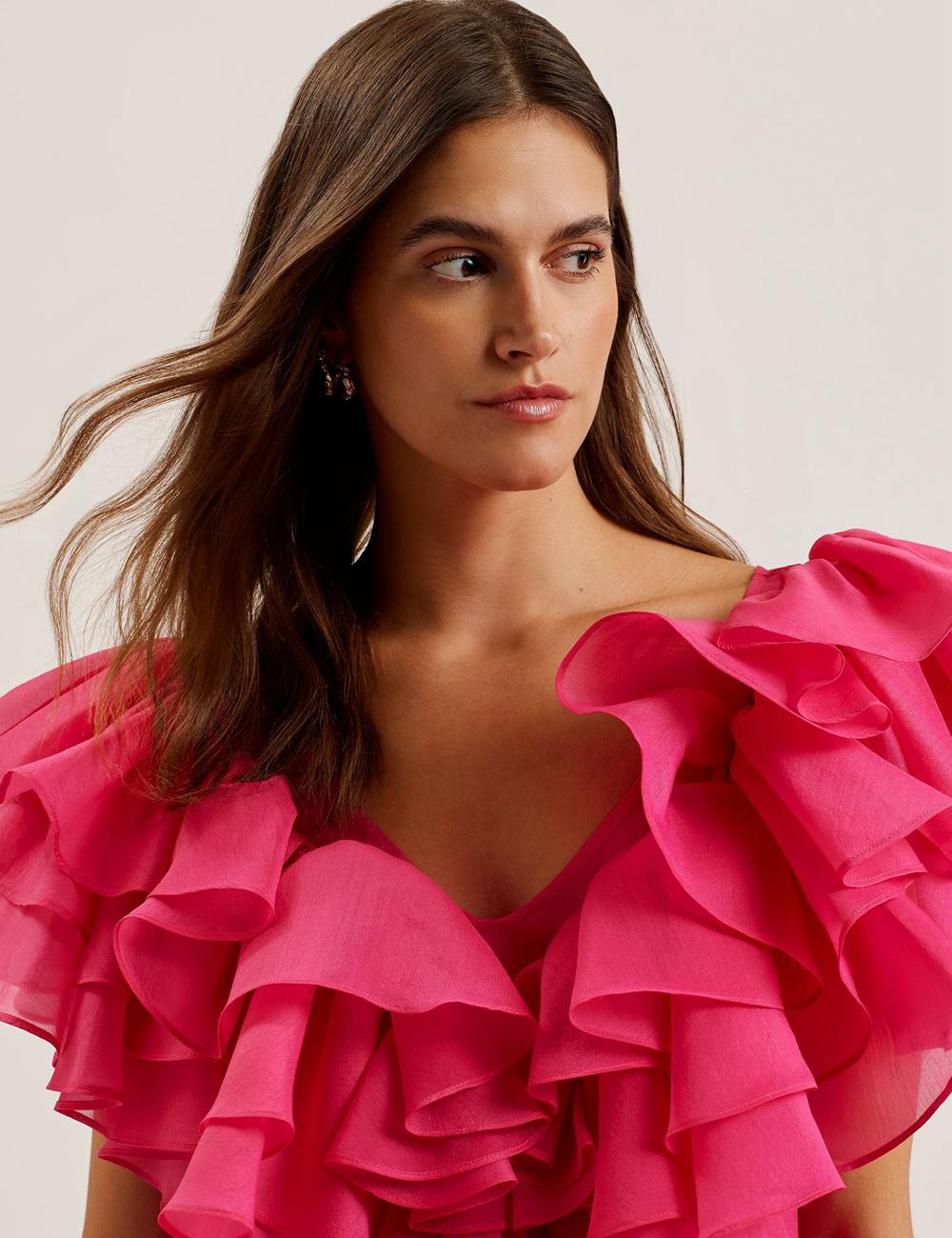 Fuchsia Ted Baker CALONDA - Oversized Frill Trim V-Neck Top Women Blouses | Canada  CXW-720893