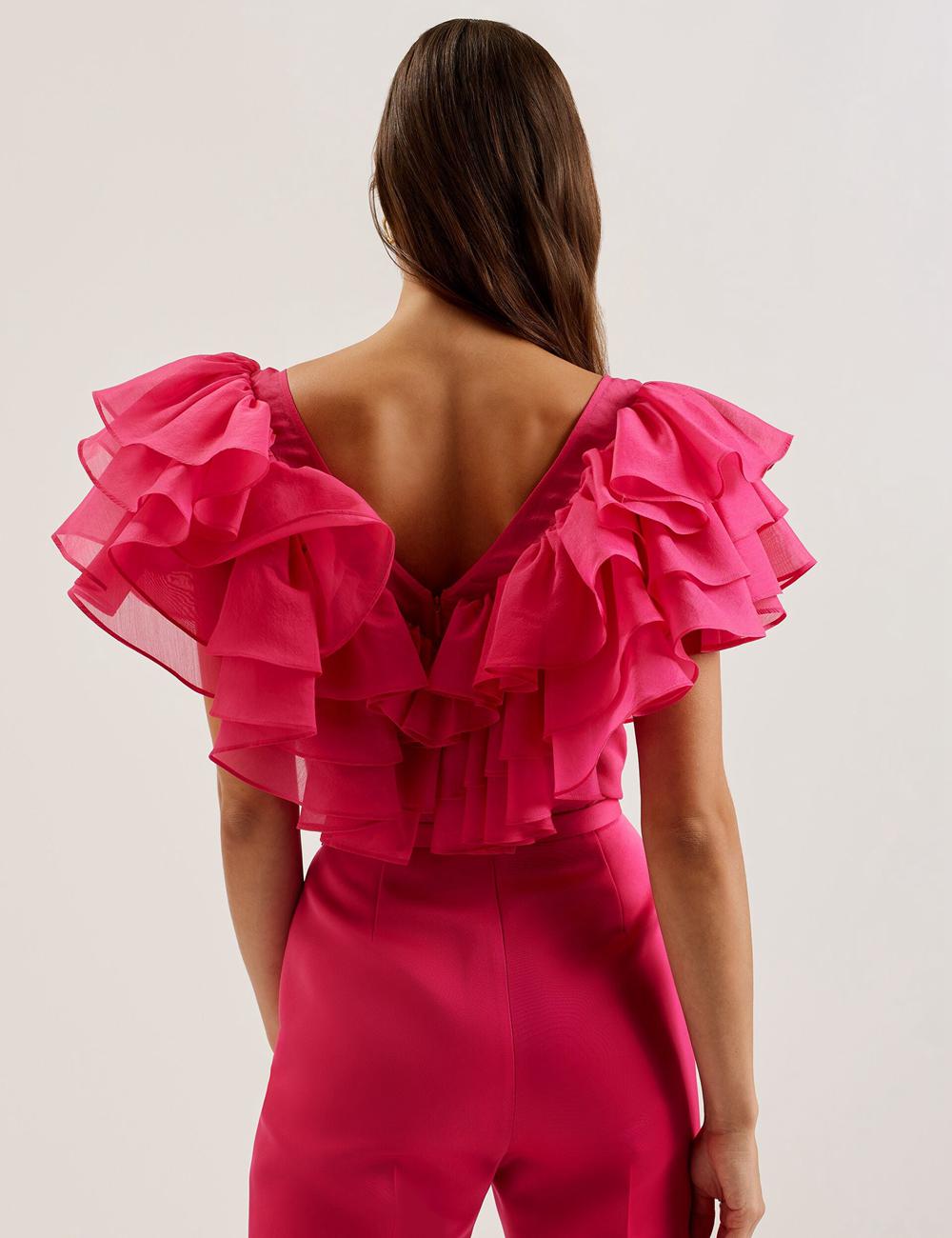 Fuchsia Ted Baker CALONDA - Oversized Frill Trim V-Neck Top Women Blouses | Canada  CXW-720893