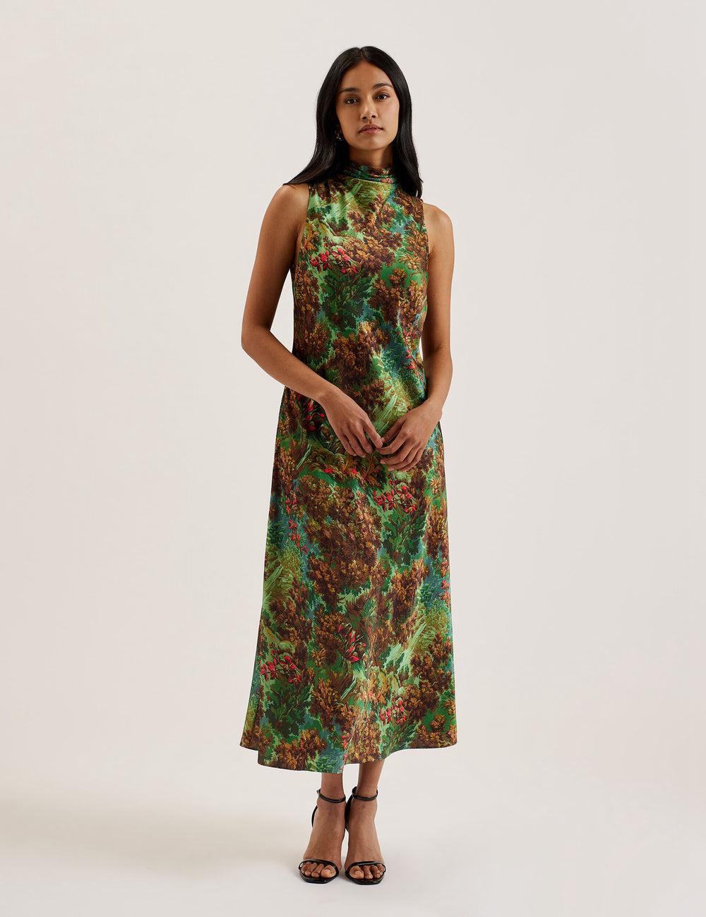 Green Ted Baker EYVA - Satin Printed High Neck Midi Slip Women Midi Dresses | Canada  PYN-194658