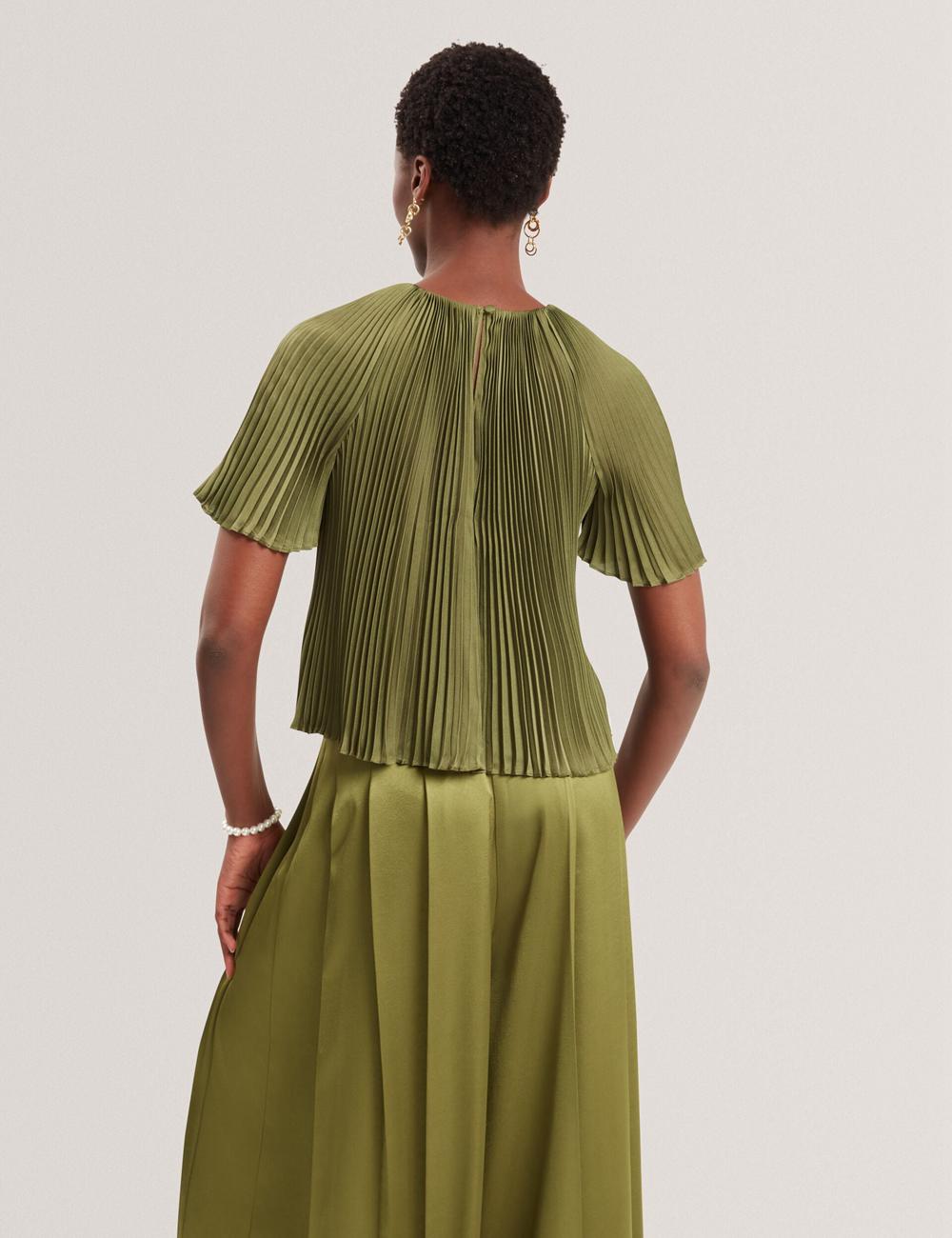 Green Ted Baker LIONAA - Floral Graphic Pleated Satin Short Sleeve Women Blouses | Canada  CQO-175928