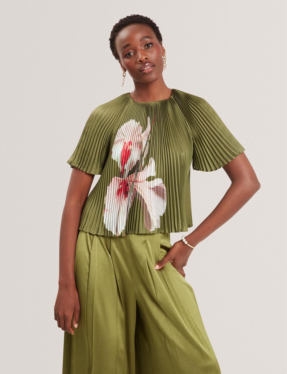 Green Ted Baker LIONAA - Floral Graphic Pleated Satin Short Sleeve Women Blouses | Canada  CQO-175928