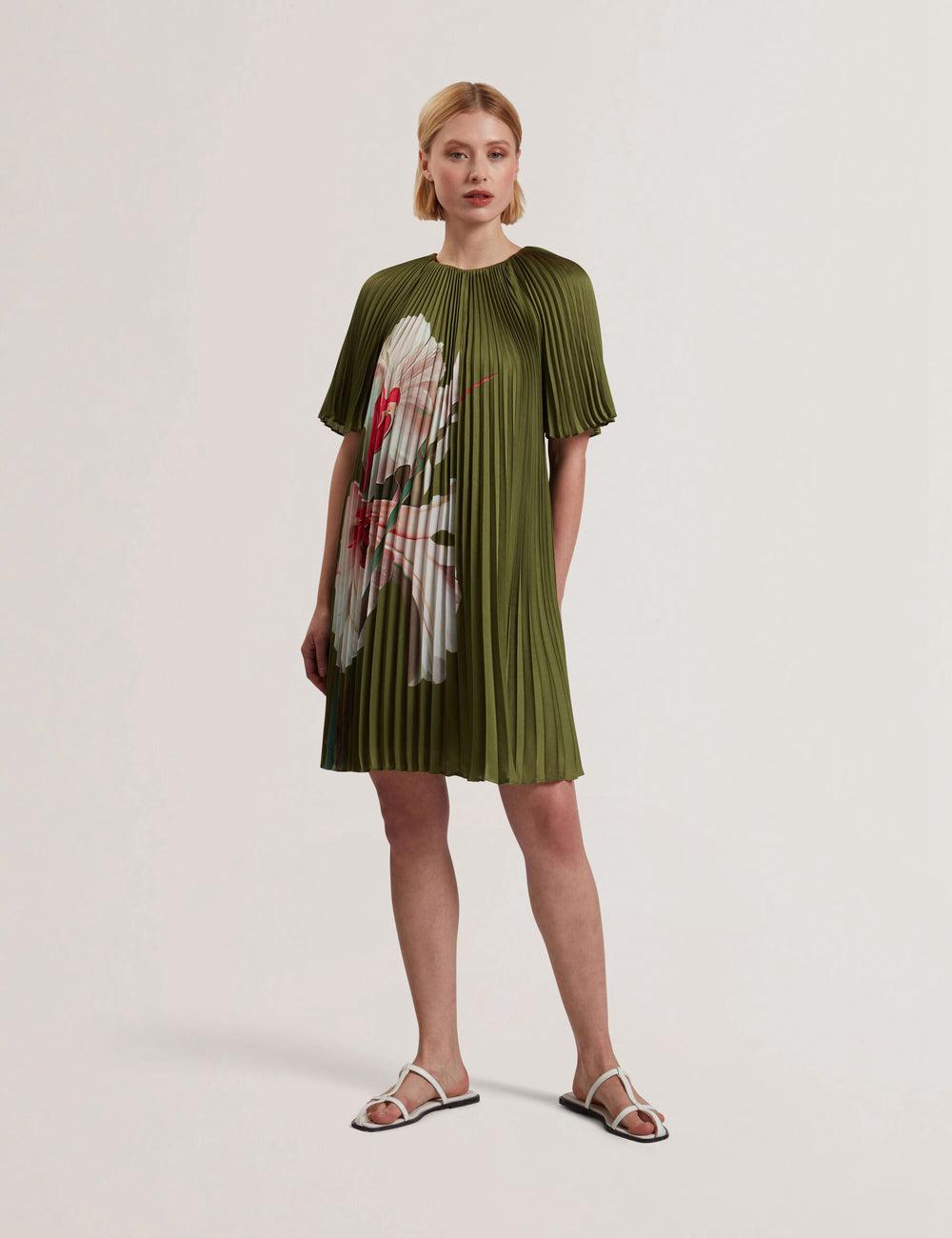 Green Ted Baker VINLAA - Floral Graphic Pleated Satin Women Mini Dresses | Canada  KAF-391762
