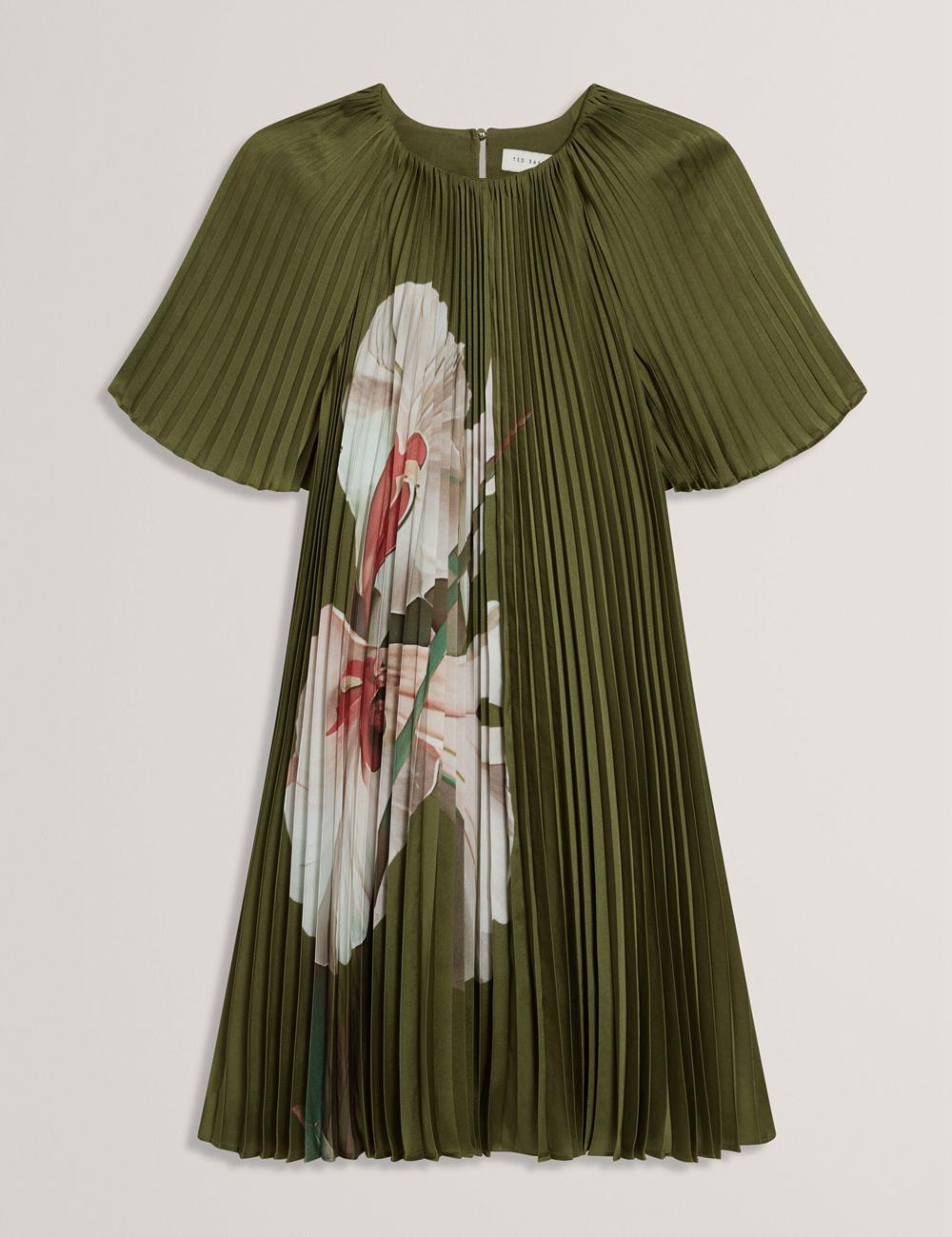 Green Ted Baker VINLAA - Floral Graphic Pleated Satin Women Mini Dresses | Canada  KAF-391762