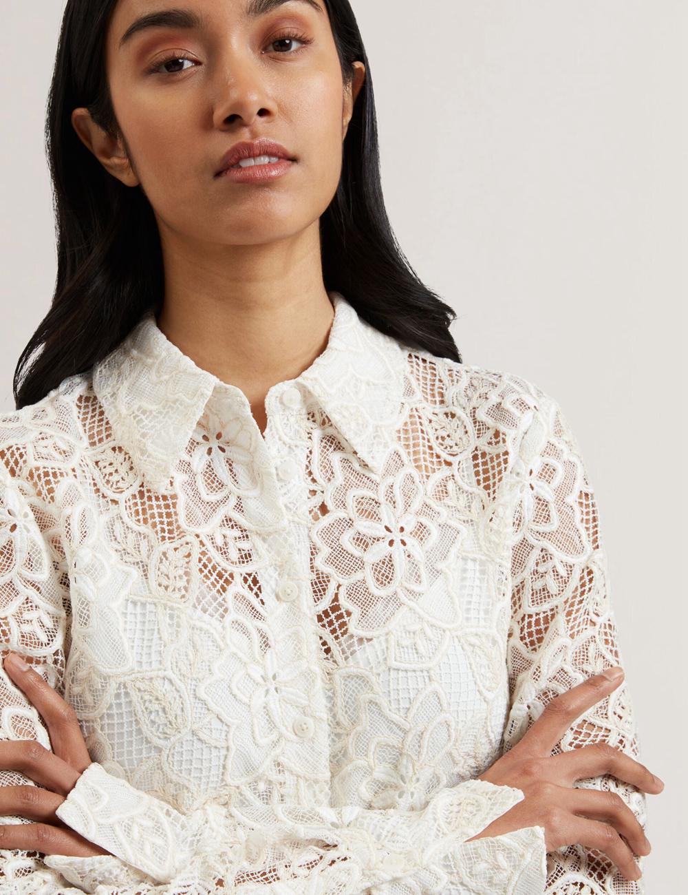 Ivory Ted Baker BLOND - Floral Lace Longline Cotton Shirt Women Tops | Canada  TIG-215893