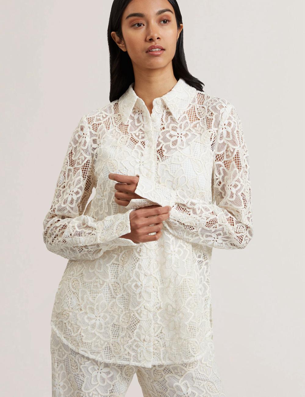 Ivory Ted Baker BLOND - Floral Lace Longline Cotton Shirt Women Tops | Canada  TIG-215893