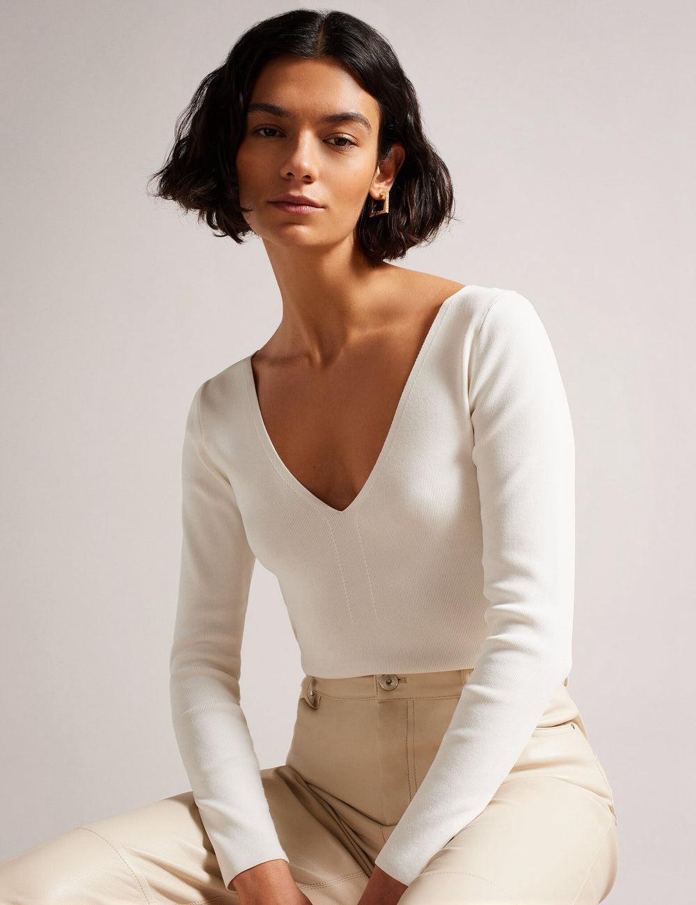 Ivory Ted Baker CILESTE - Fitted V-Neck Long Sleeve Knit Top Women Jumpers | Canada  FRB-892150
